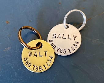 Dog Tag, Pet ID tags, Personalized,  simple, metal, round , name and phone number, pets, dogs, cats, gift for pet owner, brass or silver