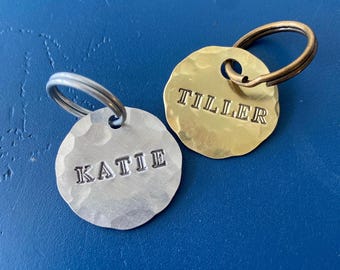 Hand Stamped Brass Dog Tag, Custom Pet ID, Vintage Look Name Phone Number