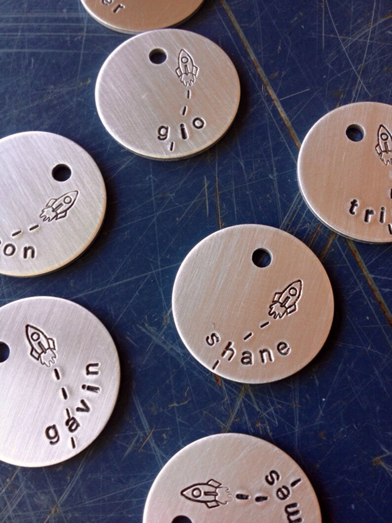 favor boy birthday hand stamped tag space party party favor tag gift tag name charm Rocket party decor