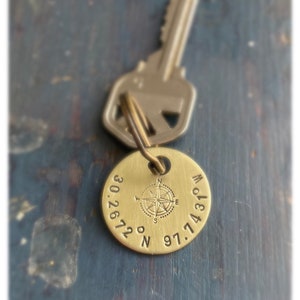 Coordinate keychain, GPS, Latitude, Longitude, Valentine's Day, graduation, Where it all began, Special Place, round brass image 8