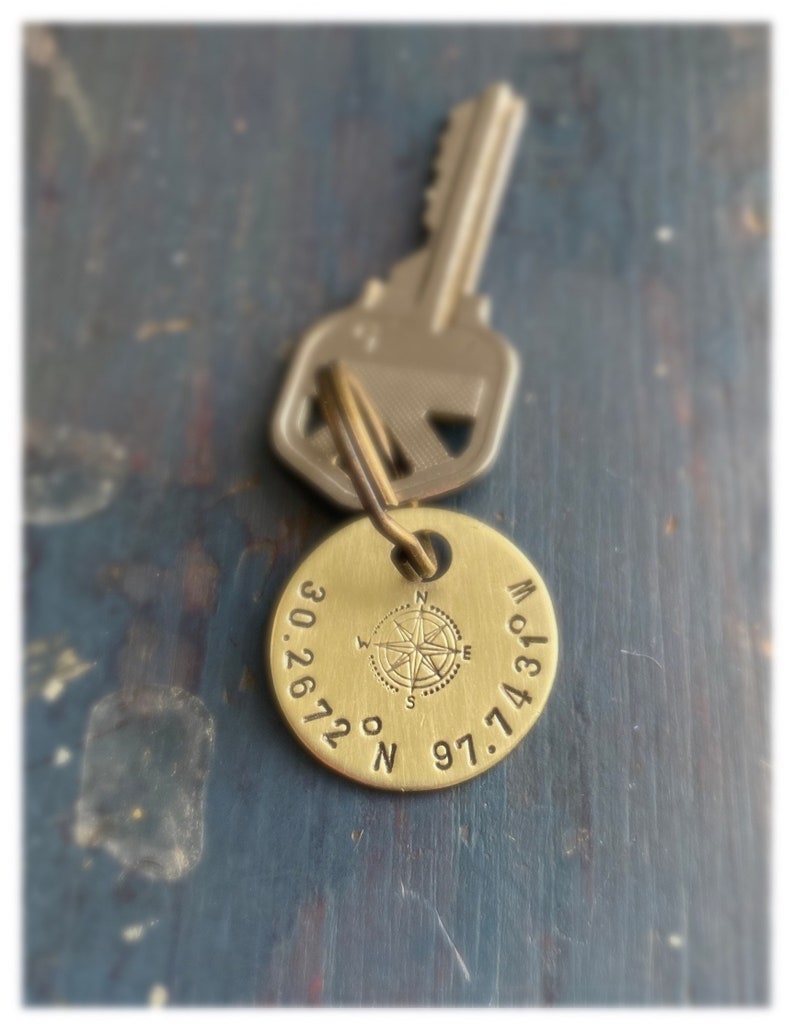 Coordinate keychain, GPS, Latitude, Longitude, Valentine's Day, graduation, Where it all began, Special Place, round brass image 8