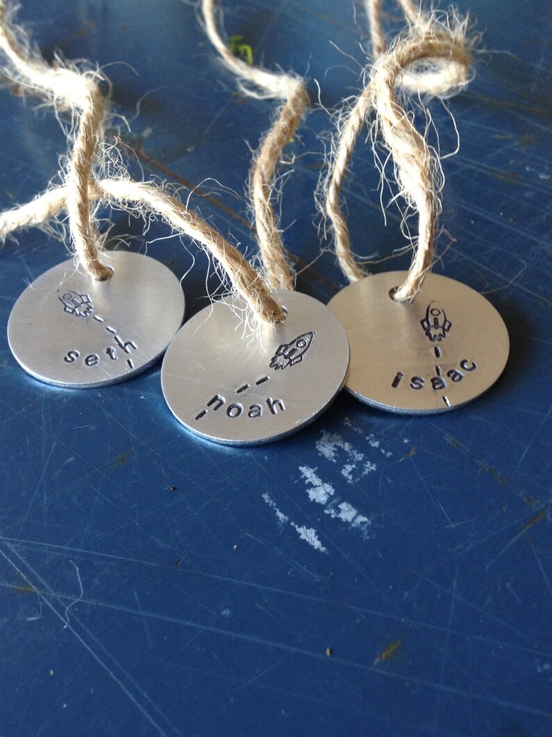 favor boy birthday hand stamped tag space party party favor tag gift tag name charm Rocket party decor
