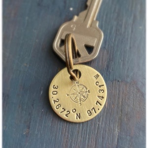 Coordinate keychain, GPS, Latitude, Longitude, Valentine's Day, graduation, Where it all began, Special Place, round brass image 7