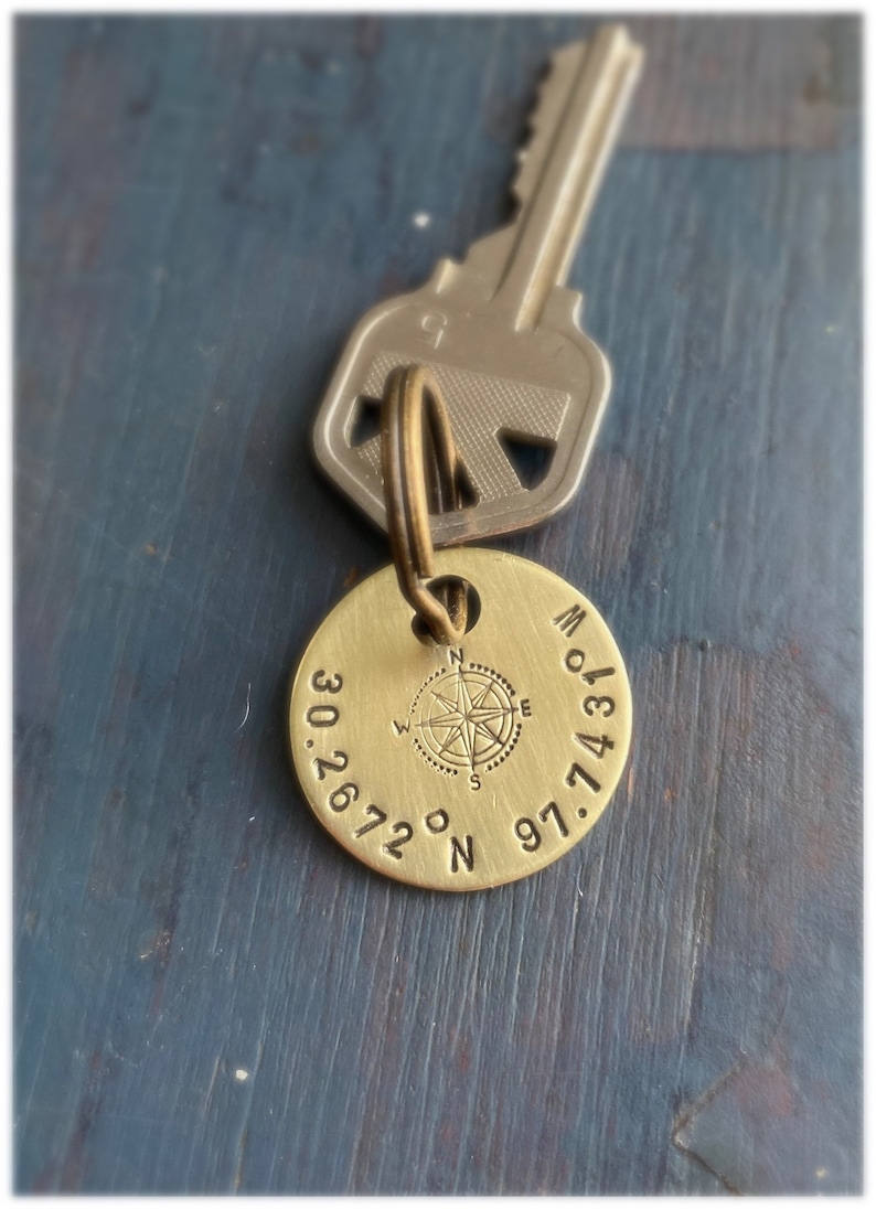 Coordinate keychain, GPS, Latitude, Longitude, Valentine's Day, graduation, Where it all began, Special Place, round brass image 7