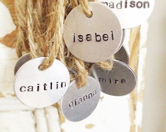 Stamped metal charms, tags, labels, hand stamped party favors, gift tags