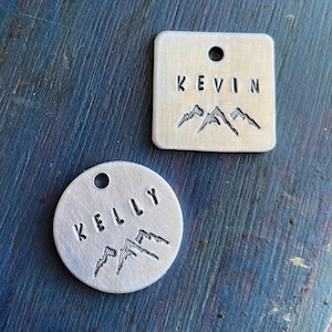 Mountain themed name tag, label, charm, use for luggage, keys, pet, party favor, gift, explore, adventure name tag