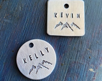 Mountain themed name tag, label, charm, use for luggage, keys, pet, party favor, gift, explore, adventure name tag