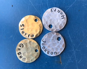 Name and year charms, metal tags, use for gifts, weddings, ornaments, table setting, family reunion