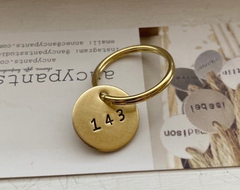 143 keychain, Anniversary gift, I love you, TINY key tag, for your lover, brass, hand stamped, Valentines Day