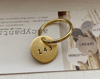 143 keychain, Anniversary gift,  I love you, tiny key tag, for your lover, brass, hand stamped