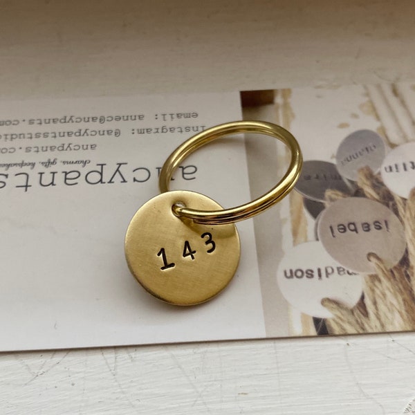 143 keychain, Anniversary gift,  I love you, tiny key tag, for your lover, brass, hand stamped