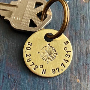 Coordinate keychain, GPS, Latitude, Longitude, Valentine's Day, graduation, Where it all began, Special Place, round brass image 5