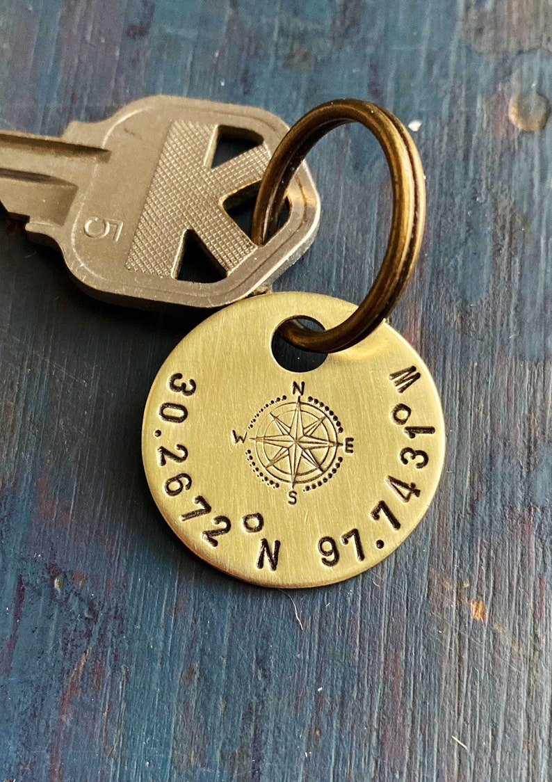 Coordinate keychain, GPS, Latitude, Longitude, Valentine's Day, graduation, Where it all began, Special Place, round brass image 5
