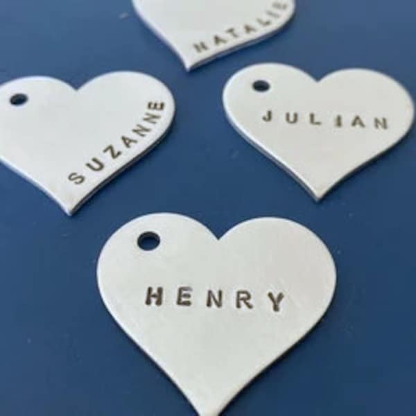 Valentines Day, Heart Shaped Metal Tag with hand-stamped name, Name Tag, Party favor, Gift Wrapping, Invitations