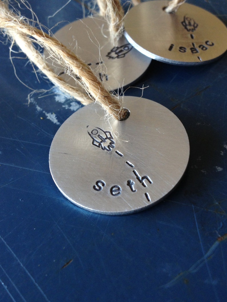 favor boy birthday hand stamped tag space party party favor tag gift tag name charm Rocket party decor