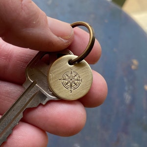 Compass keychain, Valentine&#39;s Day Gift, Anniversary gift, travel gift, tiny key tag, brass, hand stamped, graduation gift