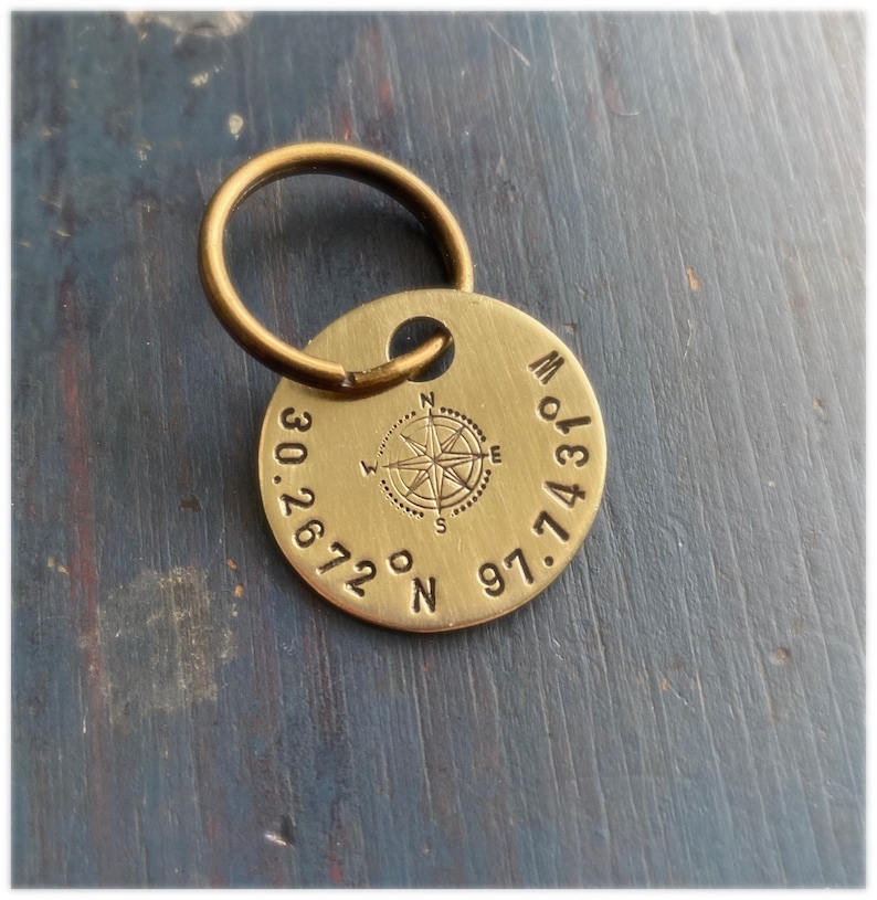 Coordinate keychain, GPS, Latitude, Longitude, Valentine's Day, graduation, Where it all began, Special Place, round brass image 6