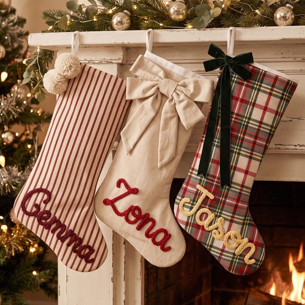 2026 Personalized Christmas Stocking, Custom Plaid Bow Stocking for Kids, Family Stockings, Christmas Gift, Holiday Decor, Xmas Gift