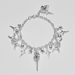 Hand Crafted Silver Gothic Bracelet with Skulls & Pentagram Charms