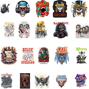 Pode incluir: Coleção de designs gráficos coloridos com bandas de rock e ícones da cultura pop. Os designs incluem caveiras, logotipos de bandas e ilustrações de The Rolling Stones, Guns N' Roses, The Beatles e muito mais. Ideal para adesivos ou patches.