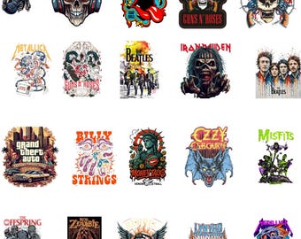 May include: Collection of colorful graphic designs featuring rock bands and pop culture icons. Designs include skulls, band logos, and illustrations of The Rolling Stones, Guns N' Roses, The Beatles, and more. Ideal for stickers or patches.