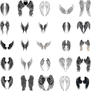 Puede incluir: Una colección de varios diseños de alas de ángel en blanco y negro. Las alas varían en estilo, desde patrones de plumas detallados hasta representaciones gráficas. Algunos diseños incluyen un corazón.