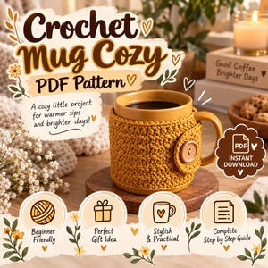 May include: A mustard yellow crochet mug cozy featuring a single wooden button closure, wrapped around a matching yellow ceramic mug. The image includes text reading Crochet Mug Cozy PDF Pattern, Beginner Friendly, and Instant Download.