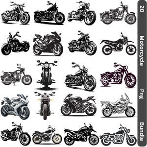 May include: A collection of 20 motorcycle illustrations in black and white. The motorcycles vary in style, including cruisers, sport bikes, and vintage models. The image includes the text "Motorcycle Png Bundle".