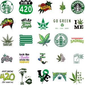 May include: A collection of green and black cannabis-themed stickers with various designs. The stickers feature text like "420," "Weed," "Go Green," and "Wake N Bake," along with cannabis leaf illustrations and parody logos.