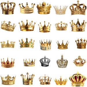 May include: A collection of various gold-colored crowns, each with unique designs and embellishments. Some crowns feature gemstones, while others have intricate filigree details. The crowns vary in size and style, showcasing a range of regal aesthetics.