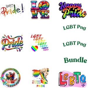 Op de afbeelding: Een verzameling kleurrijke Pride-thema graphics. Ontwerpen omvatten het woord "Pride" in verschillende lettertypen, een regenbooghart en het woord "LOVE" in regenboogkleuren. De afbeelding bevat ook de tekst "LGBTQ".