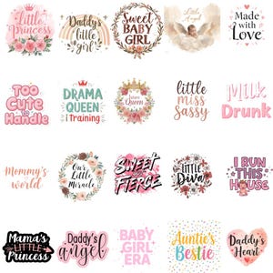 May include: A collection of colorful stickers with various phrases and designs. Phrases include "Little Princess," "Sweet Baby Girl," "Too Cute to Handle," and "Drama Queen." Floral and heart motifs are incorporated throughout the designs.