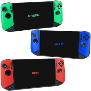 May include: Three handheld gaming consoles in green, blue, and red. Each console has a black screen with the color name printed on it. The green console has green controllers, the blue console has blue controllers, and the red console has red controllers.