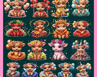 Vaca de las Tierras Altas bebé (56 PNG), paquete de imágenes prediseñadas de vaca de las Tierras Altas lindas, DTF, UV DTF, imágenes prediseñadas de flores de vaca de las Tierras Altas: 56 PNG, PNG occidental, diseño de camiseta