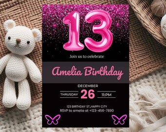 Invitación para cena de cumpleaños número 13, Lazo coqueto, Plantilla Canva (Digital)