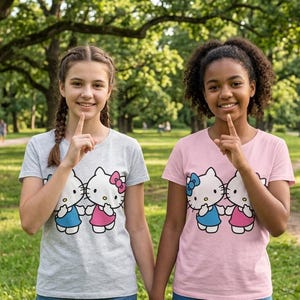 May include: Two young people wearing matching t-shirts with a Hello Kitty graphic, standing in a park. One shirt is light gray, the other is pink. Both are smiling and holding up a finger to their lips.
