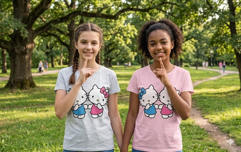 May include: Two young people wearing matching t-shirts with a Hello Kitty graphic, standing in a park. One shirt is light gray, the other is pink. Both are smiling and holding up a finger to their lips.