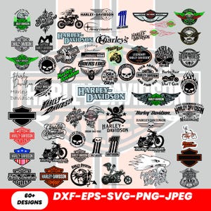 May include: A collection of Harley-Davidson logos and emblems in various designs. The image features motorcycle-themed graphics, including skulls, wings, and text. The logos are in black, white, red, and green. The image also includes the text "60+ DESIGNS" and file type information.