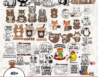 Coffee  Svg, Funny Tired Animals, Kawaii Coffee Wildlife Clipart, Laser Cut Files (Digital Download)
