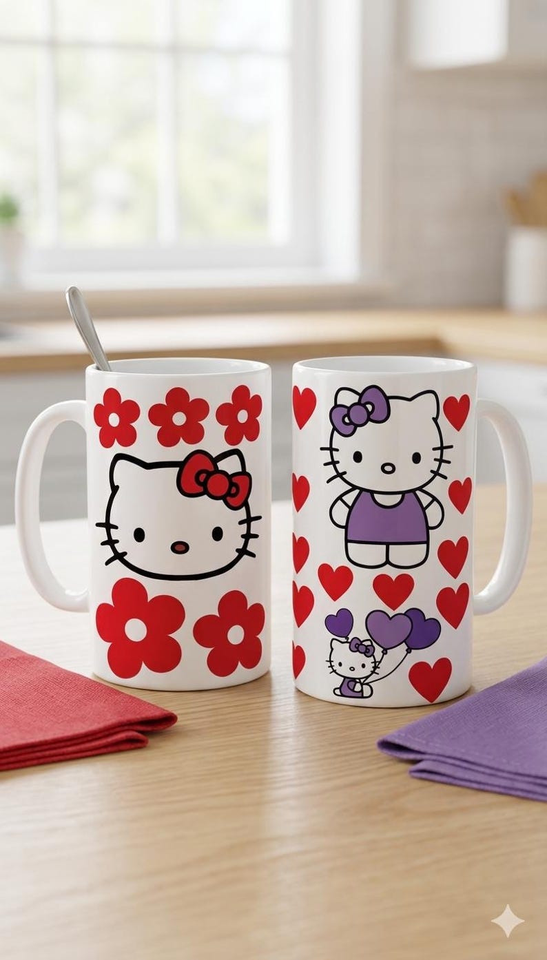 May include: Two white ceramic mugs with Hello Kitty designs. One mug features Hello Kitty with red flowers, the other with red hearts and Hello Kitty holding balloons. A spoon rests in one mug. Red and purple napkins are on the table.