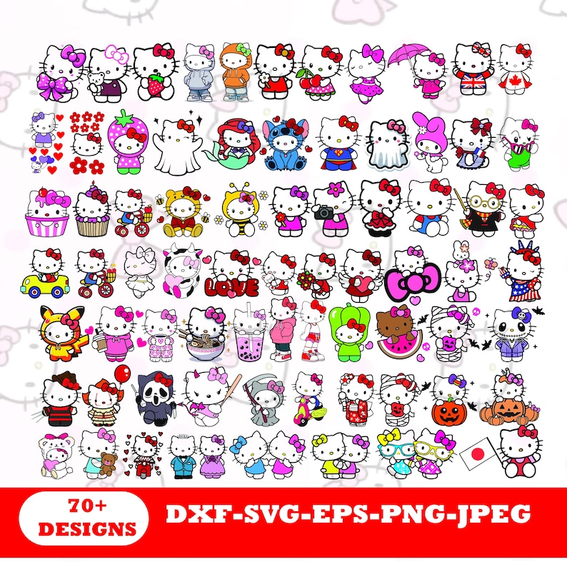 May include: A collection of over 70 Hello Kitty designs in various poses and outfits. The images include Hello Kitty dressed as different characters, holding objects, and in themed settings. The text "70+ DESIGNS" is displayed in the bottom left corner.