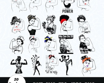 Paquete de archivos SVG de Rosie la Remachadora, imágenes PNG de empoderamiento feminista, diseño retro para sublimación (descarga digital)