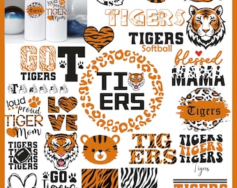 Paquete SVG de los Tigres, gráficos de espíritu escolar, fútbol americano y sóftbol (descarga digital)