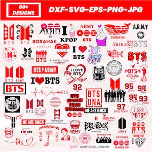 May include: A collection of over 60 designs featuring the BTS logo, text, and graphics in red, black, and white. Includes phrases like "BTS ARMY," "I Love BTS," and "BTS World Tour." The image is a digital design file.