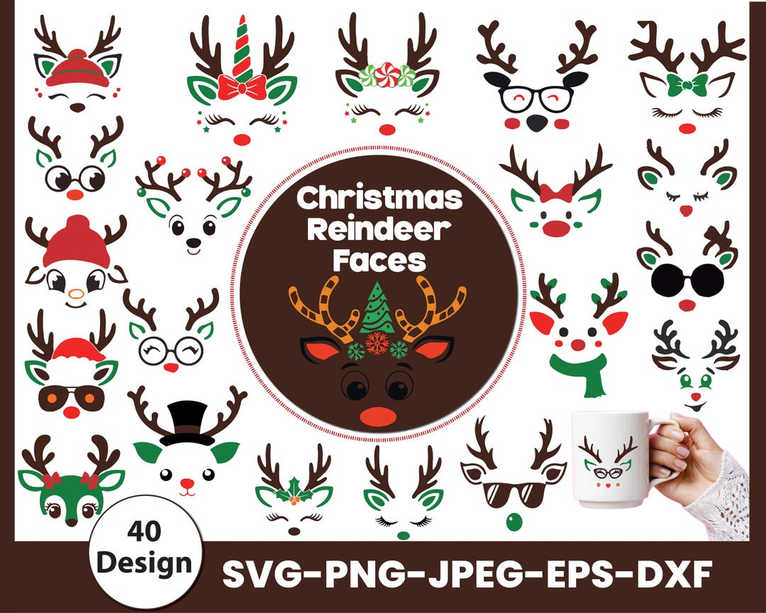 Christmas Reindeer Face SVG Bundle, Rudolph Cricut Cut Files (instant ...
