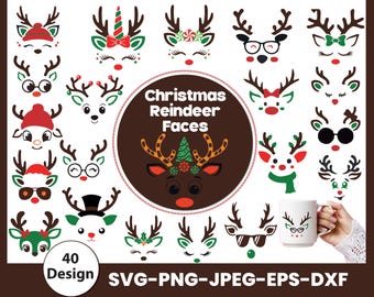 Christmas Reindeer Face SVG Bundle, Rudolph Cricut Cut Files (Instant Download)