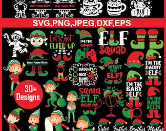 Bundle SVG elfe drôle, dessins de famille de Noël (fichiers numériques)