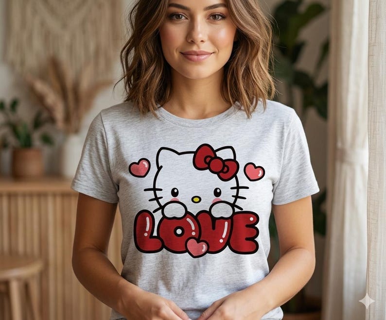May include: A light gray t-shirt featuring a graphic of Hello Kitty holding the word "LOVE" in red bubble letters. The design includes a red bow, hearts, and black outlines. The shirt has short sleeves.
