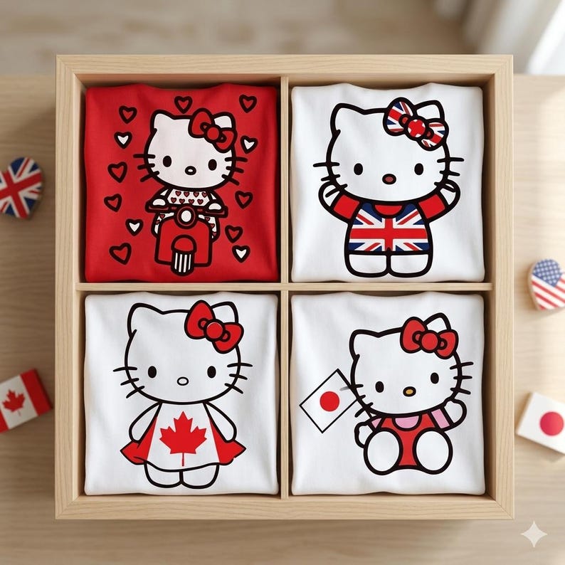 May include: A wooden box displaying four folded white t-shirts, each featuring a different Hello Kitty design. The designs include a red scooter, a Union Jack, a Canadian maple leaf, and a Japanese flag. Each Kitty has a red bow.