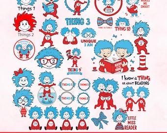 Paquete de imágenes SVG en capas de Thing 1 y Thing 2, imágenes prediseñadas inspiradas en Dr. Seuss (descarga digital instantánea)